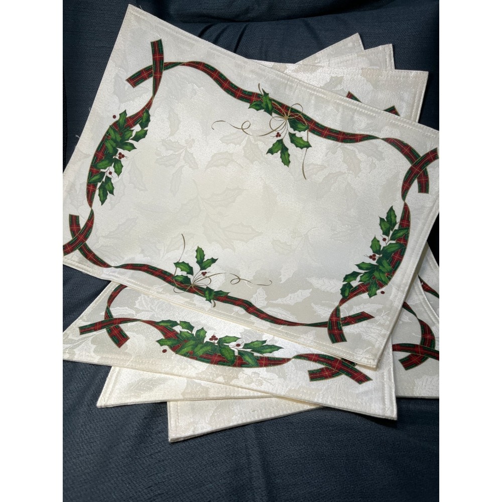 Set of 4 Lenox Holiday Nouveau Placemats Holly and Plaid Ribbon